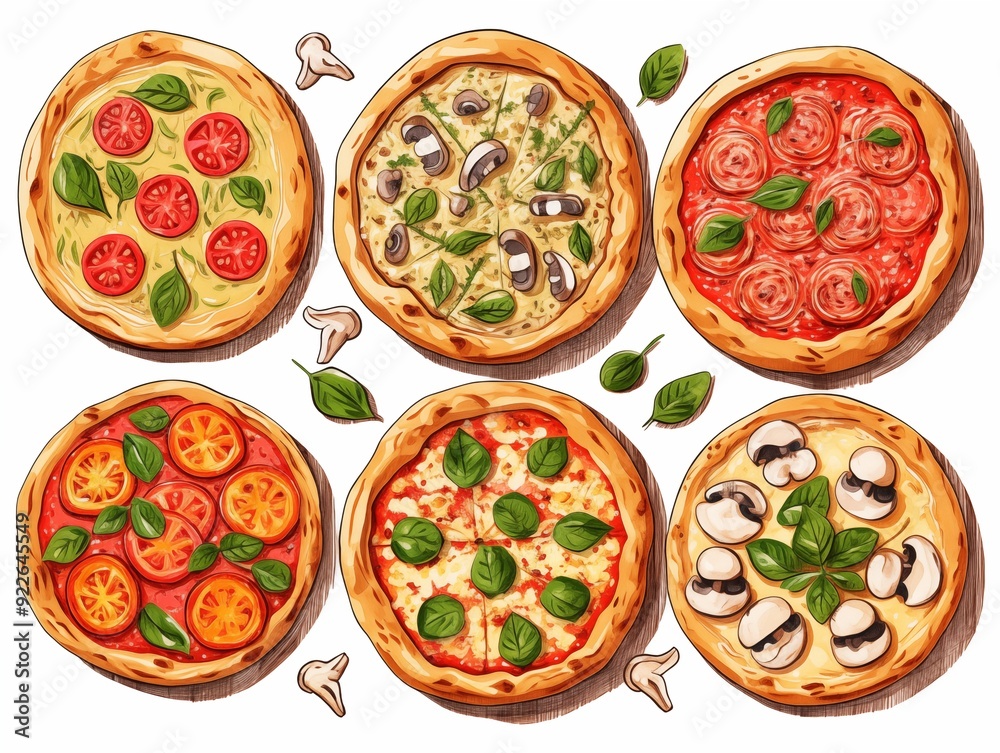 set of various tasty pizza illustration. AI generated set of various tasty pizza illustration. AI generated