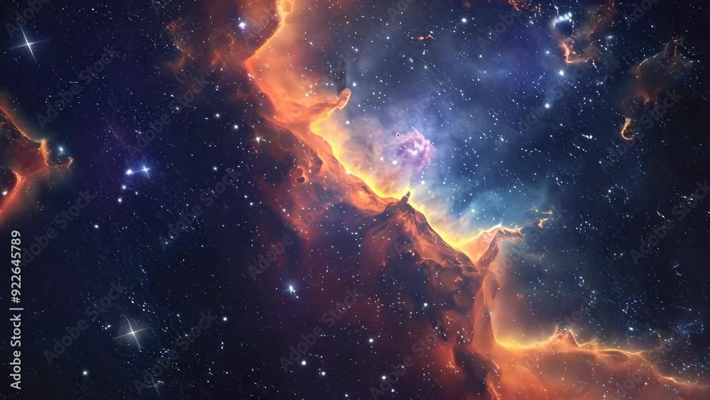 This mesmerizing scene features a vivid cosmic nebula with bright stars scattered across the deep space. The colors of the nebula range from fiery orange to cool blue, creating a breathtaking This mesmerizing scene features a vivid cosmic nebula with bright stars scattered across the deep space. The colors of the nebula range from fiery orange to cool blue, creating a breathtaking