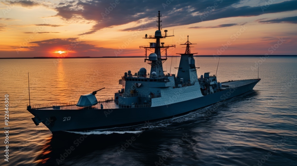 Fototapeta premium Silhouetted naval warship at sunset on calm sea, serene maritime scene with peaceful ocean view