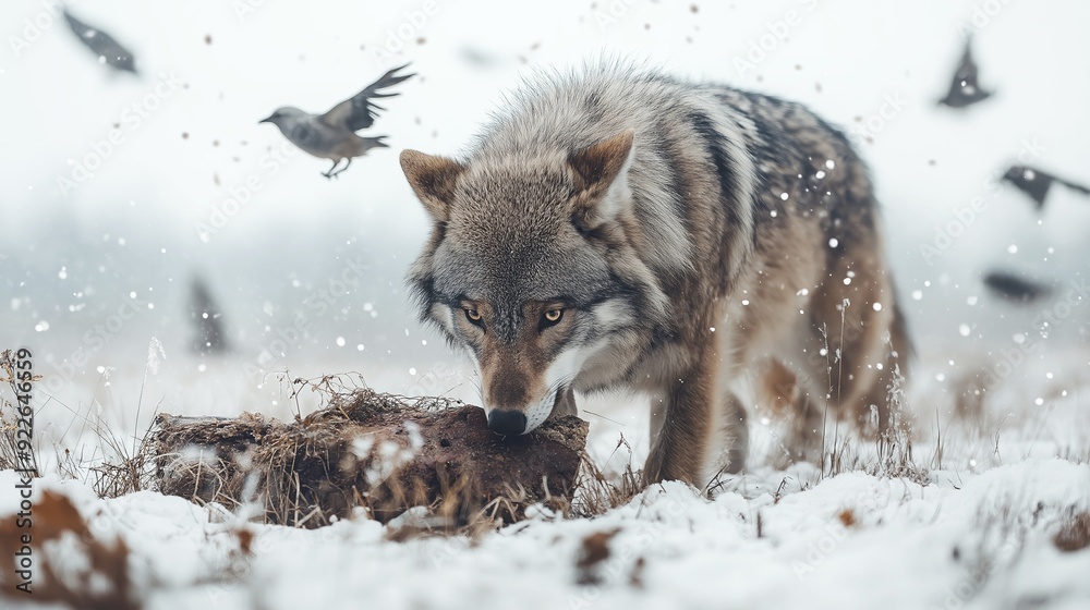 Naklejka premium Majestic Gray Wolf in Snowy Forest with Crows Flying Around, Wildlife Predator in Winter Landscape, Wild Animal Hunting in Cold Weather