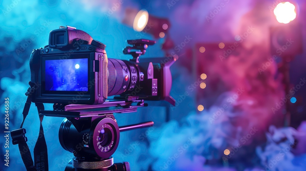 A professional camera on a tripod with a blurry background of purple and blue lights.