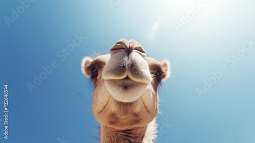 Close-up view of a happy and smiling camel s face against a stunningly clear and bright blue sky on a beautiful sunny day in the desert photo