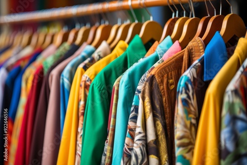 Close up view of vibrant vintage clothing collection with bright colors in wardrobe