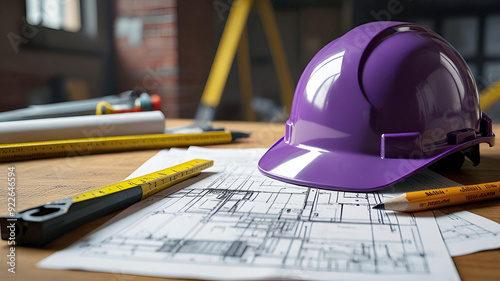 Construction safety concept and safety purple helmet on wooden table. Generative AI