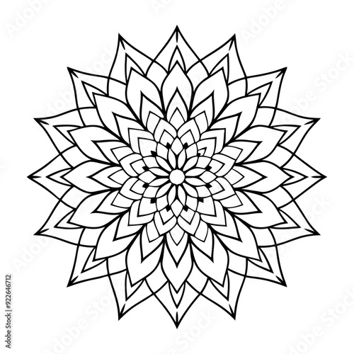 Black Indian mandala on white background. Decorative flower drawing for meditation coloring book. Ethnic floral design element, round hand drawn illustration, line art.