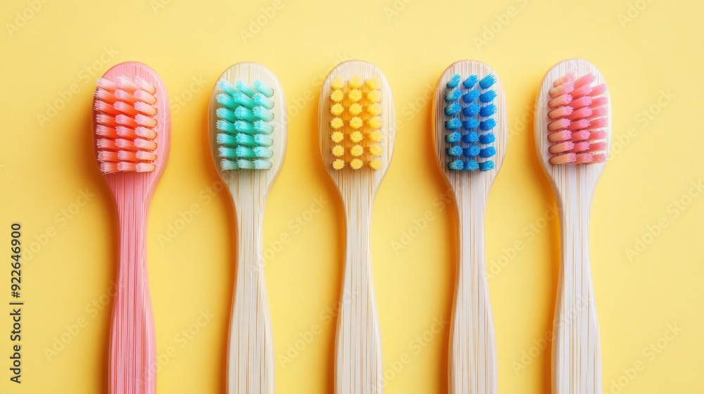 Five Colorful Toothbrushes on Yellow Background Five Colorful Toothbrushes on Yellow Background