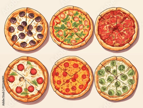 set of various tasty pizza illustration. AI generated