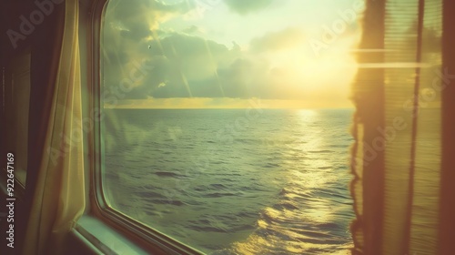 Golden Hour Ocean View from Ship Window. Generative AI