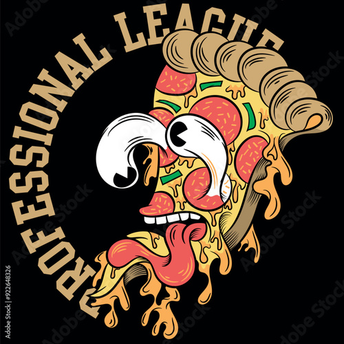 Crazy pizza character with googly eyes made of pepperoni, anchovies and green peppers, with melted cheese, served on funny texts in sporty and urban style.