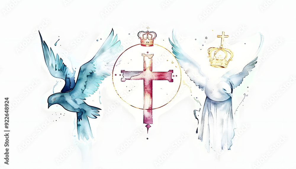 Obraz premium Holy Trinity symbols. Cross, crown and dove of Holy Spirit. Watercolor christian symbols against white background. Vector illustration.