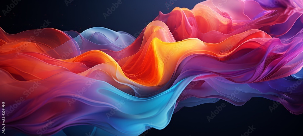 Colorful abstract waves in motion. The vibrant waves create a sense of energy and movement against a dark background. Used for dynamic designs or creative projects. Illustration, horizontal format.
Colorful abstract waves in motion. The vibrant waves create a sense of energy and movement against a dark background. Used for dynamic designs or creative projects. Illustration, horizontal format.
