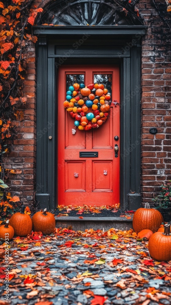 Obraz premium Vertical banner of Pumpkins near the door during Halloween season