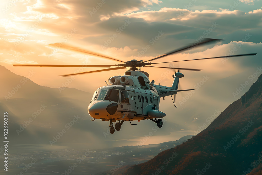 Fototapeta premium A stunning helicopter flight over a mountainous valley at sunset, showcasing dramatic skies and rugged terrain. Captivates the essence of aerial adventure and natural beauty.