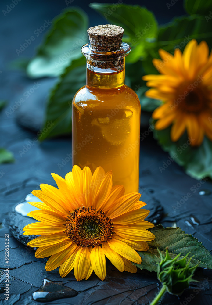 Sunflower oil in a bottle with bright sunflowers on a dark surface. A bottle of sunflower oil stands next to blooming sunflowers on a textured dark surface. Sunflower oil in a bottle with bright sunflowers on a dark surface. A bottle of sunflower oil stands next to blooming sunflowers on a textured dark surface.