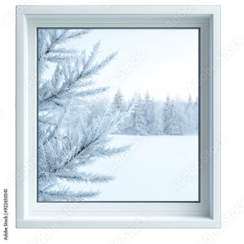 A serene view of frosted pine branches framed by a window, capturing the beauty of winter's peaceful landscape. transparent background