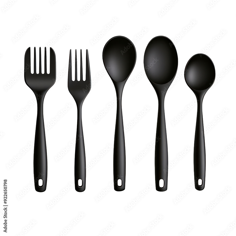 A set of black kitchen utensils including a fork, spoon, and serving tools, ideal for modern cooking and dining. transparent background A set of black kitchen utensils including a fork, spoon, and serving tools, ideal for modern cooking and dining. transparent background