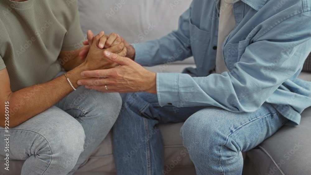 Men talking in a cozy living room, showcasing love and connection through hand gestures and intimate conversation, symbolizing a supportive couple in a home environment. Men talking in a cozy living room, showcasing love and connection through hand gestures and intimate conversation, symbolizing a supportive couple in a home environment.