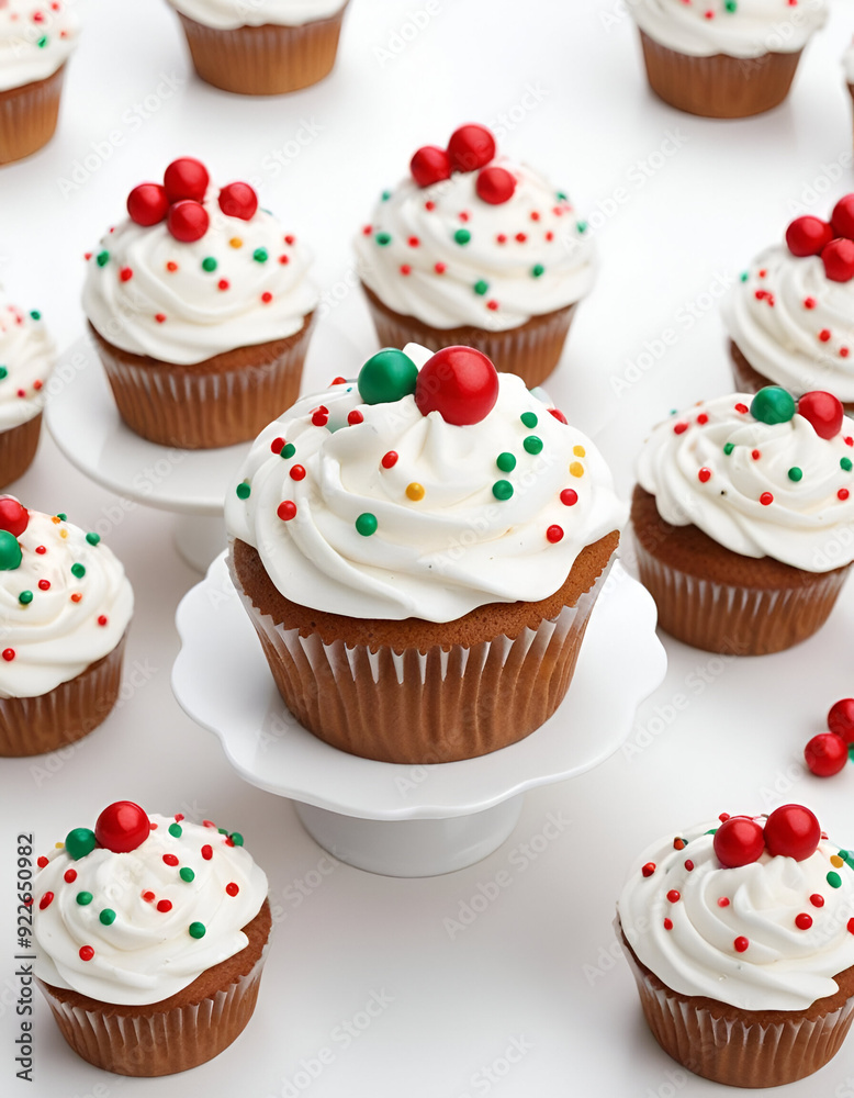 A red velvet cupcake with cream cheese frosting, topped with fresh cranberries and holly leaves, surrounded by additional cranberries on a white background A red velvet cupcake with cream cheese frosting, topped with fresh cranberries and holly leaves, surrounded by additional cranberries on a white background