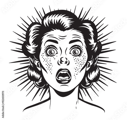 Closeup Portrait Of A Panic Girl With Anxious But Funny Face Concept Card Character illustration