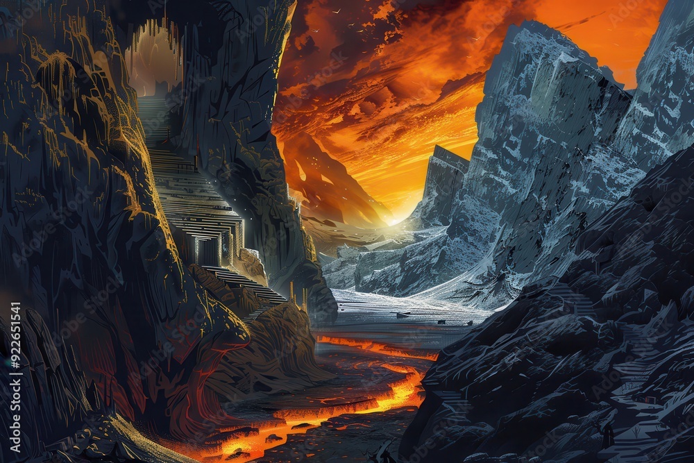A fiery river flows between two imposing, contrasting mountains. A fiery river flows between two imposing, contrasting mountains.