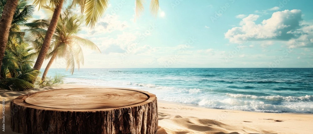Obraz premium Wooden pedestal with free space for your decoration on tropical summer sand beach
