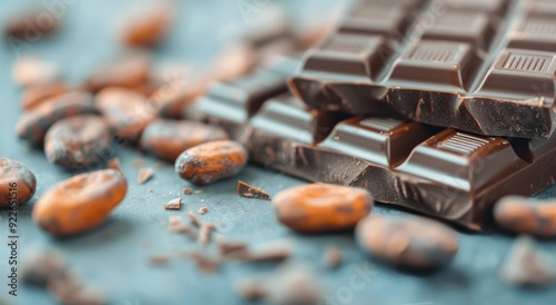 Chocolate Bars Stacked With Cocoa Beans on White Surface