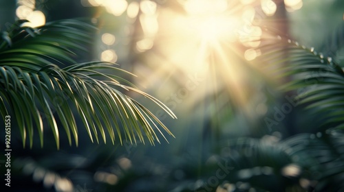 Sunlight Filtering Through Lush Green Palm Leaves in a Dense Tropical Forest