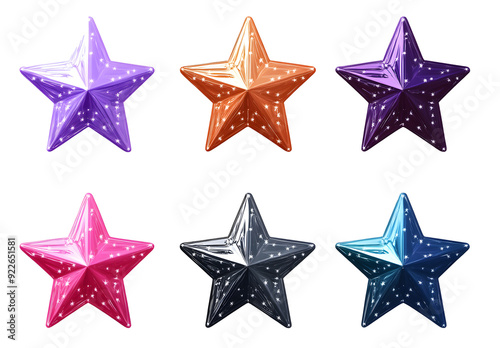 Collection of realistic multi colour shiny stars shape set isolated on transparent background. 