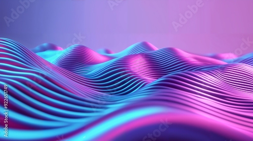 3D render of an abstract background with wavy lines in blue and purple colors. Abstract futuristic landscape.