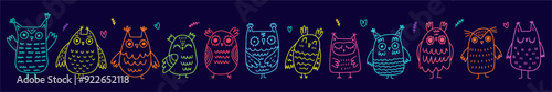 Horizontal vector collection of funny owls, hand-drawn in doodle style
