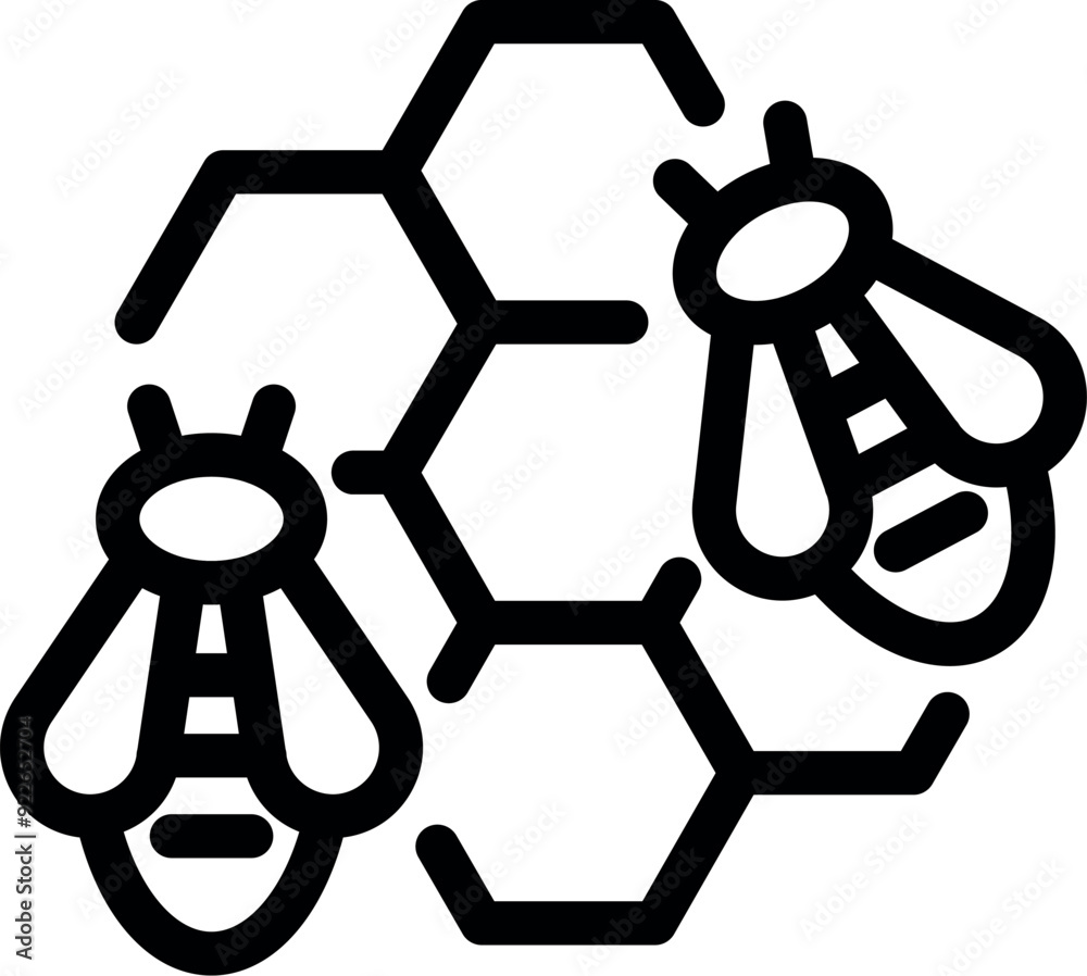 Line art icon of two bees flying near their honeycomb structure Line art icon of two bees flying near their honeycomb structure