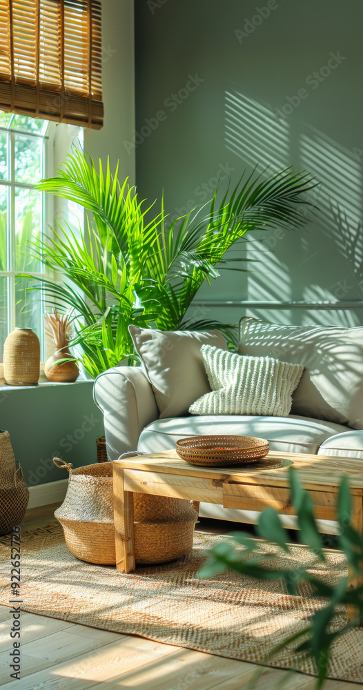 Cozy living room with plants and natural light in a modern home. A well ...