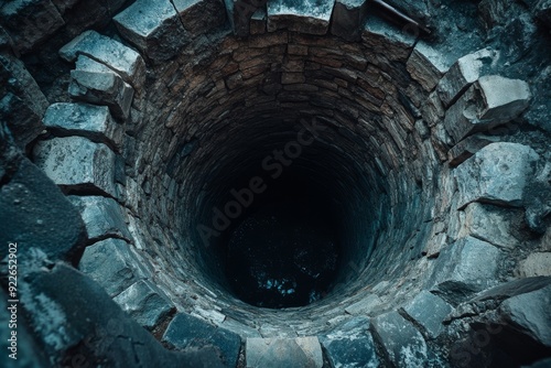 A deep, dark well with very sturdy stone walls, creating an aura that evokes a sense of mystery and great depth photo