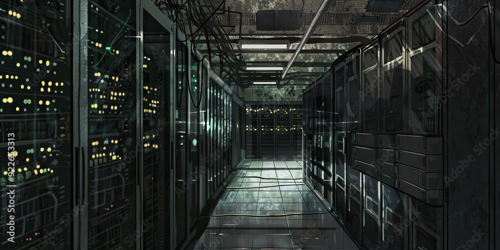 Unplugged Server Room: A dark server room with no servers or networking equipment. Unplugged Server Room: A dark server room with no servers or networking equipment.