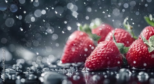 Fresh Red Strawberry With Water Drops on Dark Background