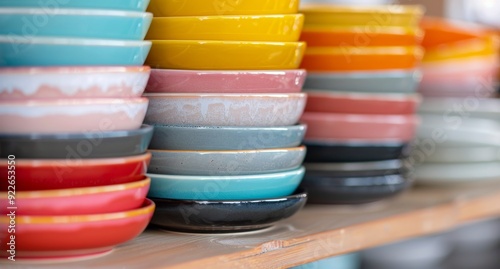 Colorful Stacked Bowls Displayed on a Wooden Shelf in a Market