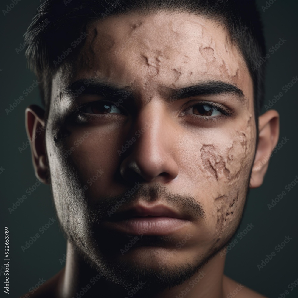 Portrait of a young man with cracked, earthy skin, symbolizing resilience and a deep connection to nature. Portrait of a young man with cracked, earthy skin, symbolizing resilience and a deep connection to nature.