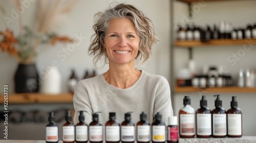 Smiling Woman Showcasing Haircare Products in Modern Salon Setting