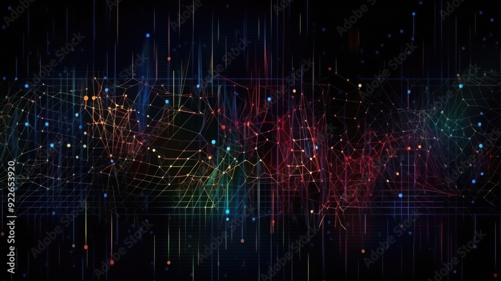 Fototapeta premium Colorful digital art featuring a dynamic, wave-like pattern with a dark background, symbolizing energy and motion.