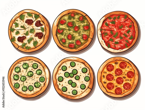 set of various tasty pizza illustration. AI generated