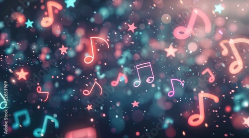 Colorful Musical Notes Floating in a Dark Background With Light Effects