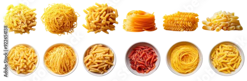 Obraz  z motywem Pasta Variety: A delicious collection of dried pasta shapes, both loose and in bowls, ready to be transformed into a delectable culinary masterpiece.  