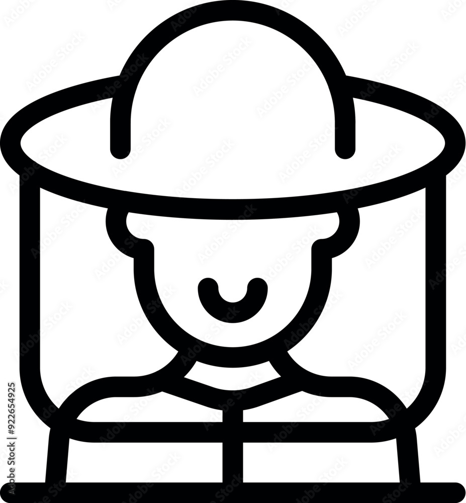Simple line icon of a smiling beekeeper wearing a protective hat and clothing Simple line icon of a smiling beekeeper wearing a protective hat and clothing
