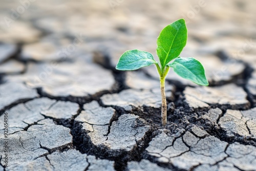 Green Sprout Pushing Through Cracked Dry Soil - Symbol of Hope, Resilience and New Life.