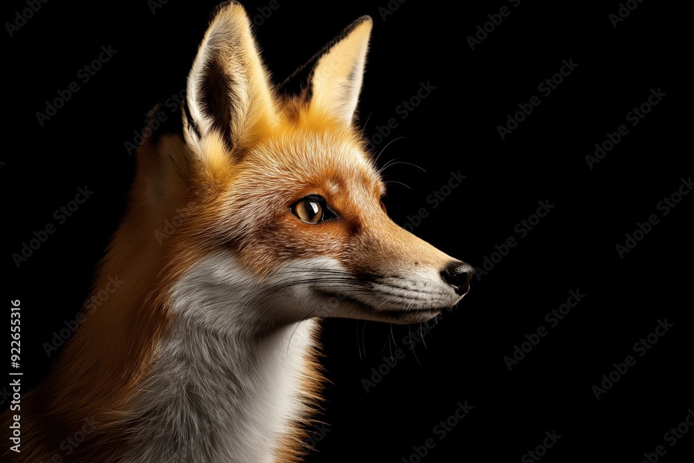 Fototapeta premium Photo of a fox isolated against a black background, emphasising the fox's majestic features. Wildlife and conservation concept, space for copy.