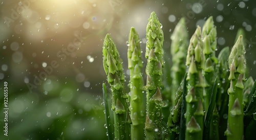 Fresh Asparagus Stalks With Pea Shoots on a Dark Surface
