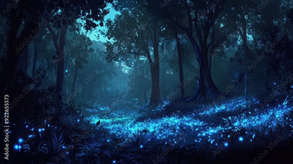 Enchanted Forest at Night with Glowing Fireflies. Enchanted Forest at Night with Glowing Fireflies.