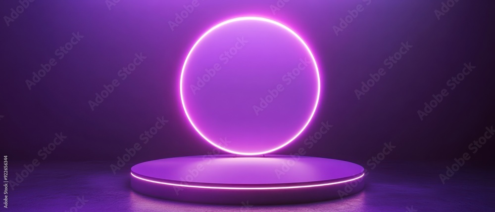 white circle stand on a purple background and neon light,mock up podium for product presentation