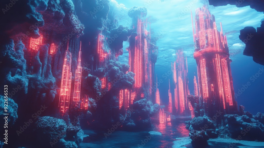Obraz premium Underwater Fantasy Cityscape with Glowing Towers and Rock Formations.