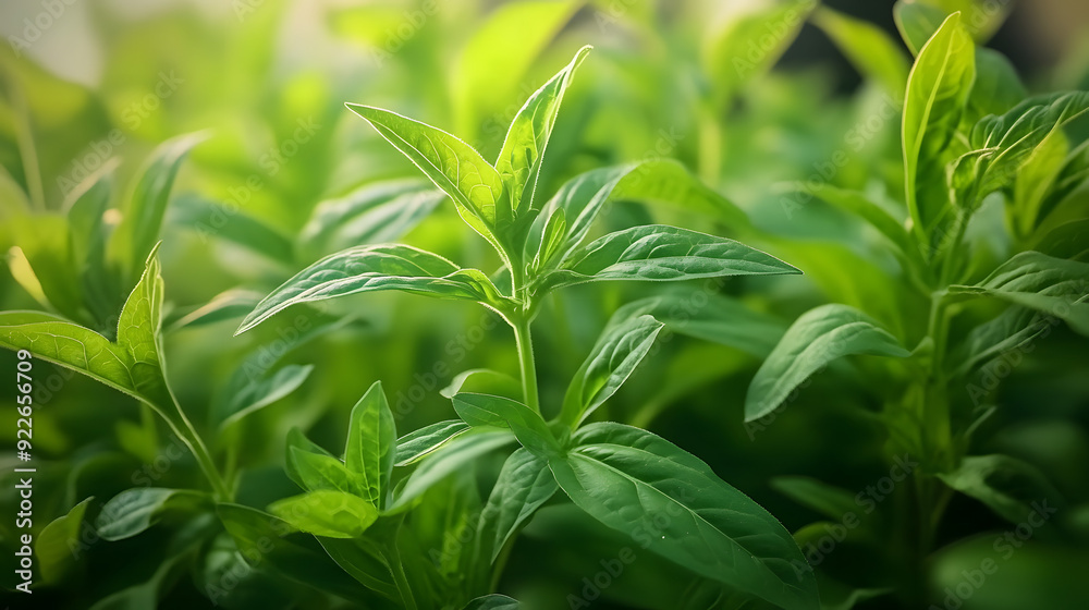 Close up indoor view of Stevia rebaudiana plant leaves in daylight Close up indoor view of Stevia rebaudiana plant leaves in daylight